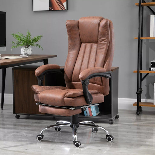 Image of a brown executive office chair for home office. The chair has a high back and features heating and a six point point massage managed by corded remote control, Extendable footrest, swivel wheels, padded arms, reclining backrest and height adjustment, so you can adapt it to your needs. It's upholstered in a stylish brown soft microfibre that adds warmth to your home or office. This is a very comfortable chair and looks it too. 