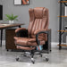 Image of a brown executive office chair for home office. The chair has a high back and features heating and a six point point massage managed by corded remote control, Extendable footrest, swivel wheels, padded arms, reclining backrest and height adjustment, so you can adapt it to your needs. It's upholstered in a stylish brown soft microfibre that adds warmth to your home or office. This is a very comfortable chair and looks it too. 