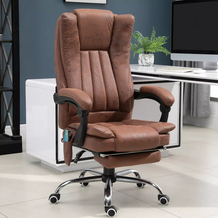 Image of a brown executive office chair for home office. The chair has a high back and features heating and a six point point massage managed by corded remote control, Extendable footrest, swivel wheels, padded arms, reclining backrest and height adjustment, so you can adapt it to your needs. It's upholstered in a stylish brown soft microfibre that adds warmth to your home or office. This is a very comfortable chair and looks it too. 