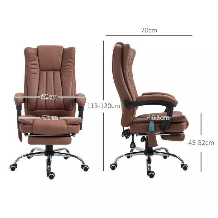 Image of a brown executive office chair for home office. The chair has a high back and features heating and a six point point massage managed by corded remote control, Extendable footrest, swivel wheels, padded arms, reclining backrest and height adjustment, so you can adapt it to your needs. It's upholstered in a stylish brown soft microfibre that adds warmth to your home or office. This is a very comfortable chair and looks it too. 