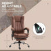 Image of a brown executive office chair for home office. The chair has a high back and features heating and a six point point massage managed by corded remote control, Extendable footrest, swivel wheels, padded arms, reclining backrest and height adjustment, so you can adapt it to your needs. It's upholstered in a stylish brown soft microfibre that adds warmth to your home or office. This is a very comfortable chair and looks it too. 