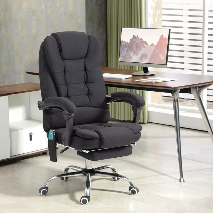 Image of a Vinsetto Heated Massage Office Chair With Footrest, Swivel Wheels and padded armrests. The chair is upholstered in a stylish black microfibre cloth.