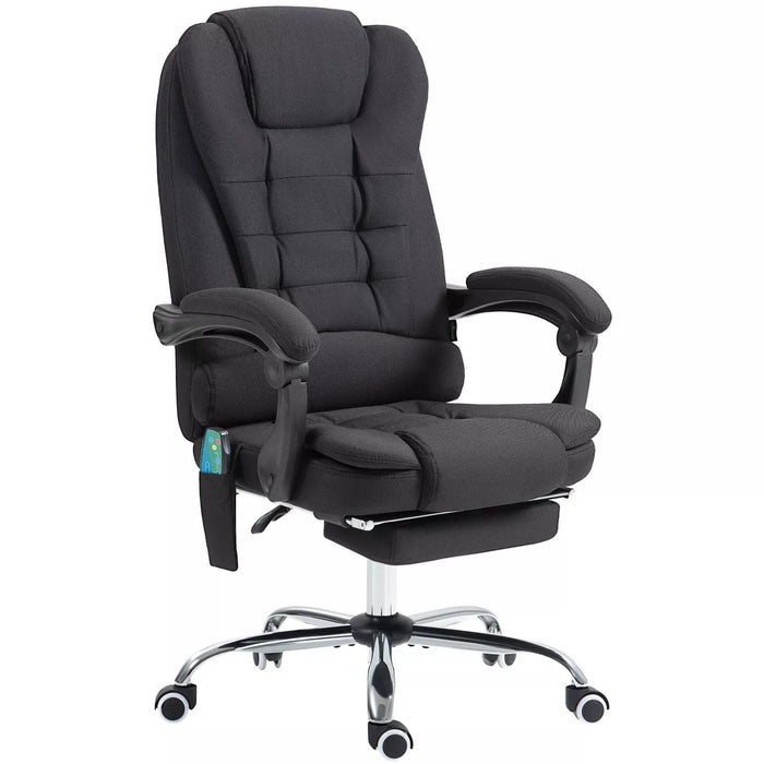 Image of a Vinsetto Heated Massage Office Chair With Footrest, Swivel Wheels and padded armrests. The chair is upholstered in a stylish black microfibre cloth.