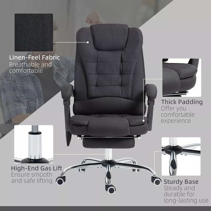 Image of a Vinsetto Heated Massage Office Chair With Footrest, Swivel Wheels and padded armrests. The chair is upholstered in a stylish black microfibre cloth.