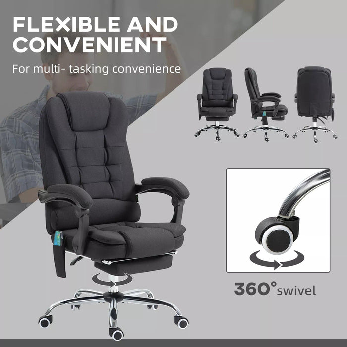 Image of a Vinsetto Heated Massage Office Chair With Footrest, Swivel Wheels and padded armrests. The chair is upholstered in a stylish black microfibre cloth.