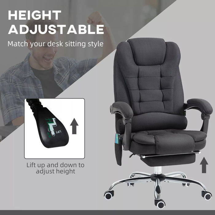 Image of a Vinsetto Heated Massage Office Chair With Footrest, Swivel Wheels and padded armrests. The chair is upholstered in a stylish black microfibre cloth.