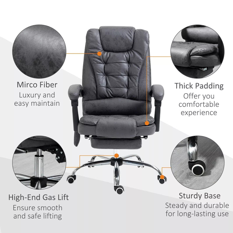 Image of a Dark Grey Vinsetto 6 Point Heated Massage Office Chair With Footrest, Swivel Wheels, Reclining Backrest, Padded Arms. Suitable For Home Office and Office