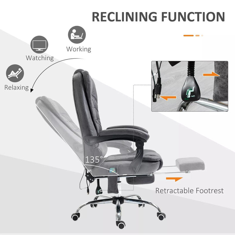 Image of a Dark Grey Vinsetto 6 Point Heated Massage Office Chair With Footrest, Swivel Wheels, Reclining Backrest, Padded Arms. Suitable For Home Office and Office