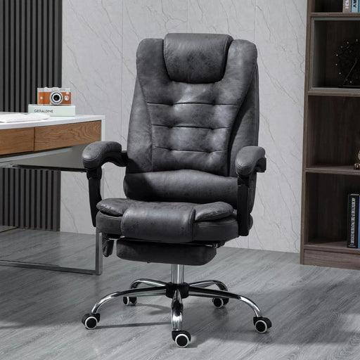 Image of a Dark Grey Vinsetto 6 Point Heated Massage Office Chair With Footrest, Swivel Wheels, Reclining Backrest, Padded Arms. Suitable For Home Office and Office