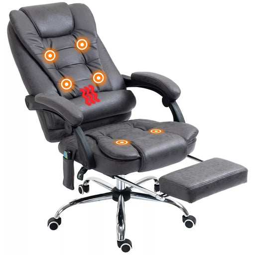 Image of a Dark Grey Vinsetto 6 Point Heated Massage Office Chair With Footrest, Swivel Wheels, Reclining Backrest, Padded Arms. Suitable For Home Office and Office