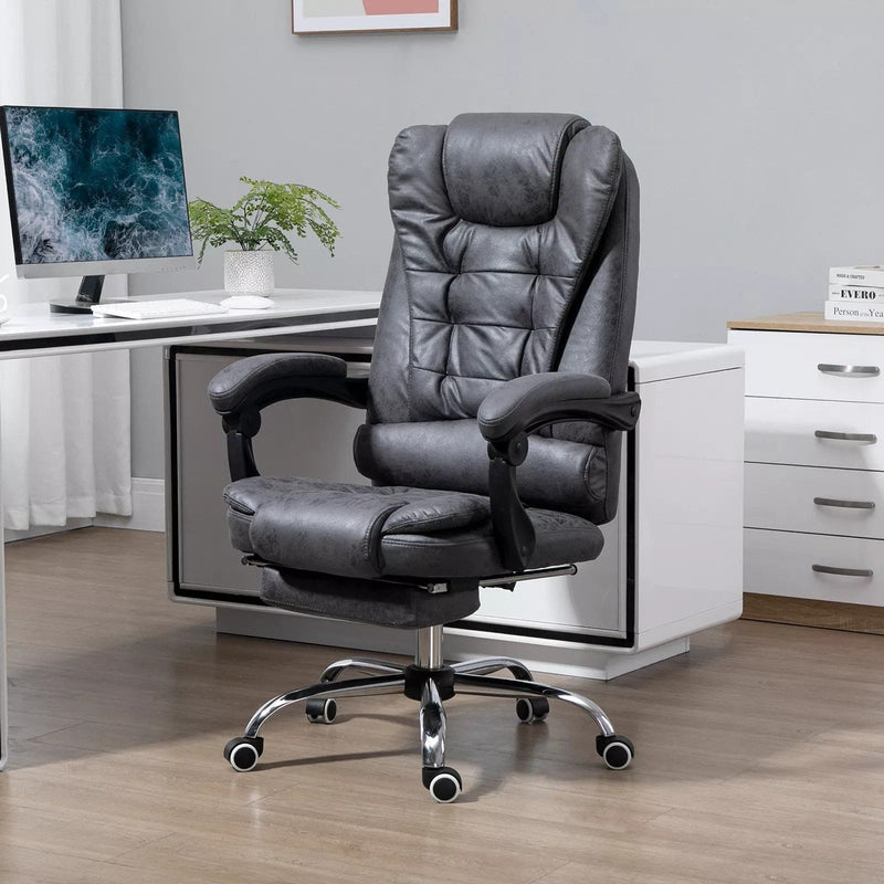 Image of a Dark Grey Vinsetto 6 Point Heated Massage Office Chair With Footrest, Swivel Wheels, Reclining Backrest, Padded Arms. Suitable For Home Office and Office