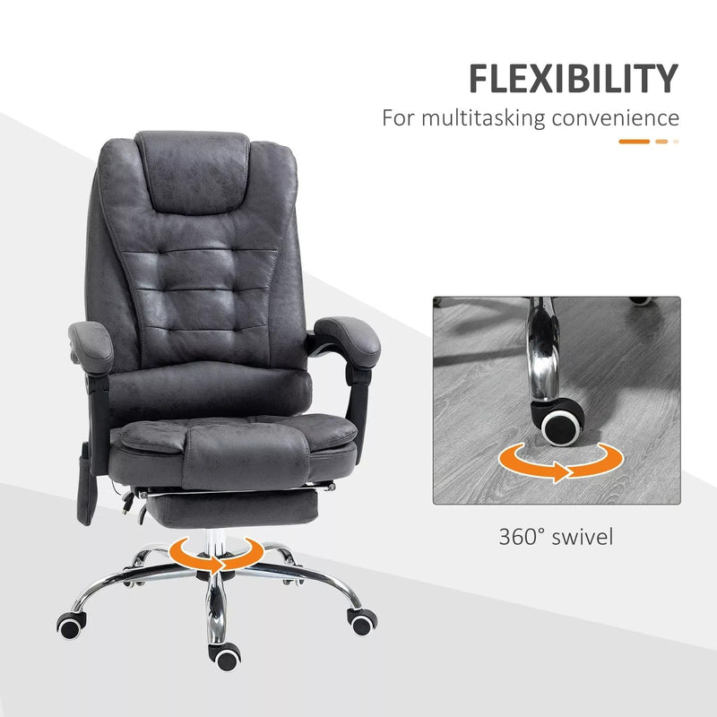 Image of a Dark Grey Vinsetto 6 Point Heated Massage Office Chair With Footrest, Swivel Wheels, Reclining Backrest, Padded Arms. Suitable For Home Office and Office