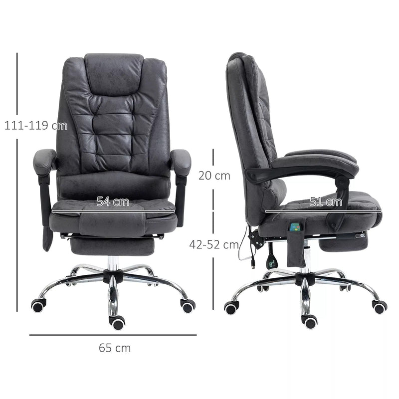 Image of a Dark Grey Vinsetto 6 Point Heated Massage Office Chair With Footrest, Swivel Wheels, Reclining Backrest, Padded Arms. Suitable For Home Office and Office