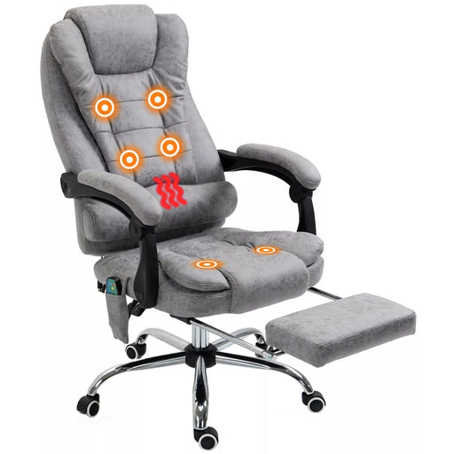 Image of a Light Grey Vinsetto 6 Point Heated Massage Office Chair With Footrest, Swivel Wheels, Reclining Backrest, Padded Arms. Suitable For Home Office and Office