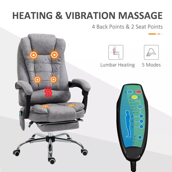 Image of a Light Grey Vinsetto 6 Point Heated Massage Office Chair With Footrest, Swivel Wheels, Reclining Backrest, Padded Arms. Suitable For Home Office and Office