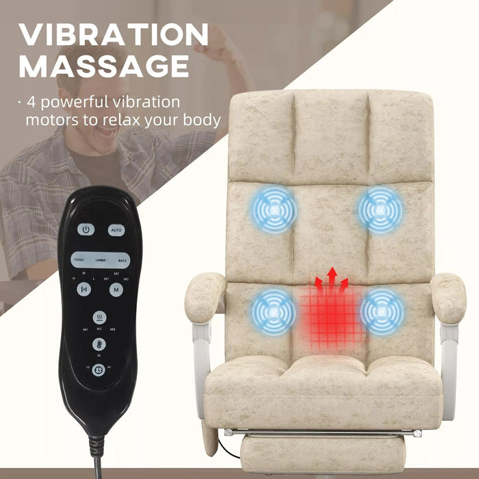 Image of a Beige Vinsetto Heated Vibrating Massage Office Chair With Extendable Leg Rest, Padded Arms, Swivel Wheels, Reclining Backrest For Home Office or Office