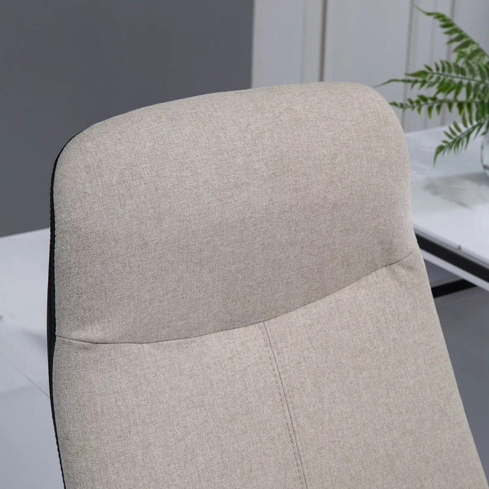 Image of a Beige Vinsetto High Back Computer Desk Chair With Wheels, Armrests, Swivel Wheels, Reclining Backrest, Height Adjustable For Home Office. The chair is upholstered in soft linen touch fabric that keeps you cool and comfortable.