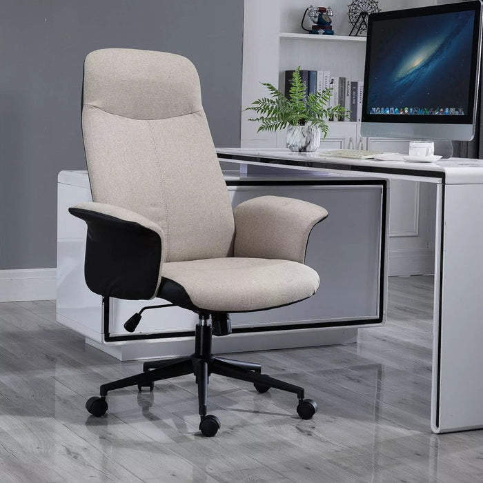 Image of a Beige Vinsetto High Back Computer Desk Chair With Wheels, Armrests, Swivel Wheels, Reclining Backrest, Height Adjustable For Home Office. The chair is upholstered in soft linen touch fabric that keeps you cool and comfortable.