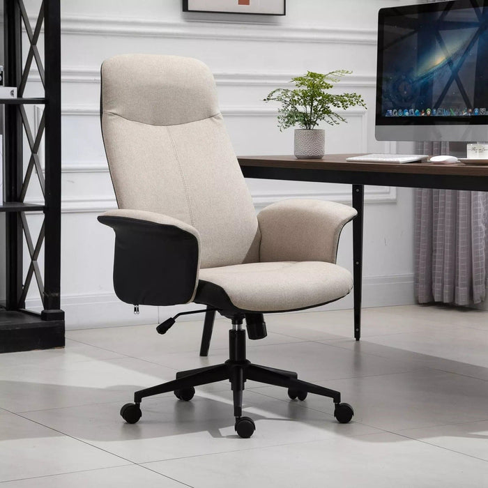 Image of a Beige Vinsetto High Back Computer Desk Chair With Wheels, Armrests, Swivel Wheels, Reclining Backrest, Height Adjustable For Home Office. The chair is upholstered in soft linen touch fabric that keeps you cool and comfortable.