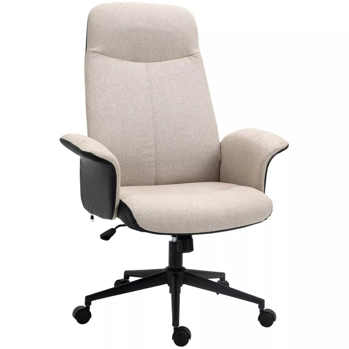 Image of a Beige Vinsetto High Back Computer Desk Chair With Wheels, Armrests, Swivel Wheels, Reclining Backrest, Height Adjustable For Home Office. The chair is upholstered in soft linen touch fabric that keeps you cool and comfortable.