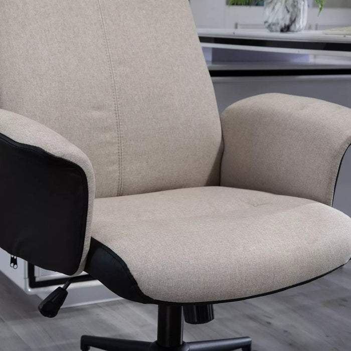 Image of a Beige Vinsetto High Back Computer Desk Chair With Wheels, Armrests, Swivel Wheels, Reclining Backrest, Height Adjustable For Home Office. The chair is upholstered in soft linen touch fabric that keeps you cool and comfortable.