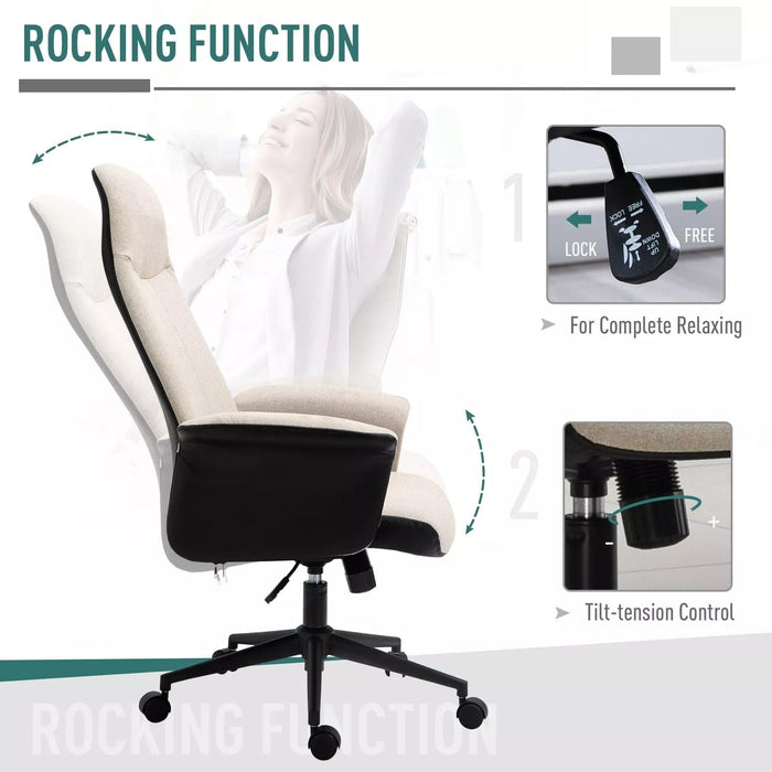 Image of a Beige Vinsetto High Back Computer Desk Chair With Wheels, Armrests, Swivel Wheels, Reclining Backrest, Height Adjustable For Home Office. The chair is upholstered in soft linen touch fabric that keeps you cool and comfortable.