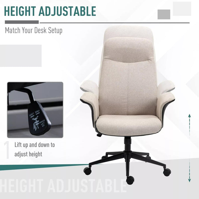 Image of a Beige Vinsetto High Back Computer Desk Chair With Wheels, Armrests, Swivel Wheels, Reclining Backrest, Height Adjustable For Home Office. The chair is upholstered in soft linen touch fabric that keeps you cool and comfortable.