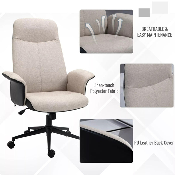 Image of a Beige Vinsetto High Back Computer Desk Chair With Wheels, Armrests, Swivel Wheels, Reclining Backrest, Height Adjustable For Home Office. The chair is upholstered in soft linen touch fabric that keeps you cool and comfortable.