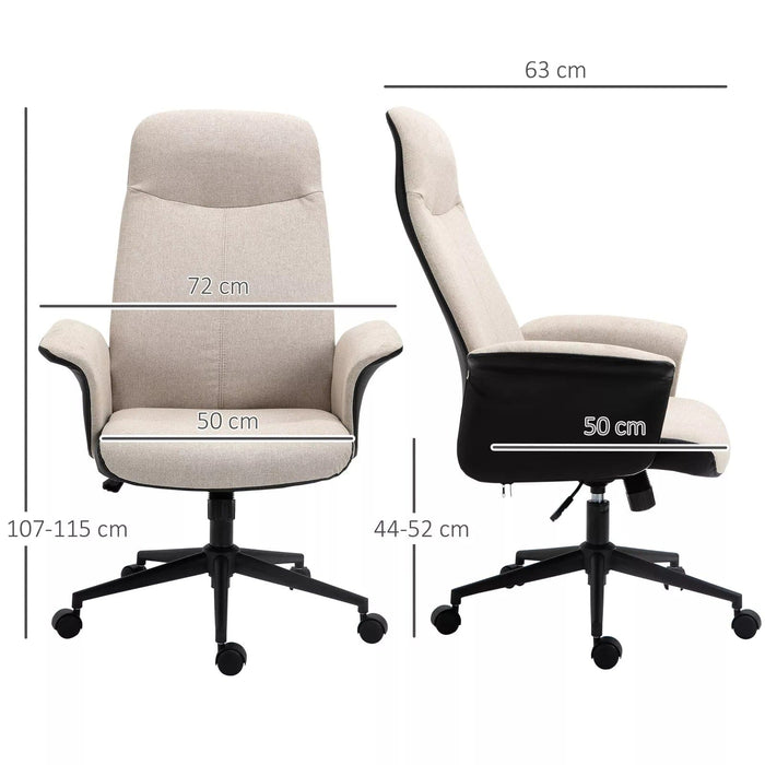 Image of a Beige Vinsetto High Back Computer Desk Chair With Wheels, Armrests, Swivel Wheels, Reclining Backrest, Height Adjustable For Home Office. The chair is upholstered in soft linen touch fabric that keeps you cool and comfortable.