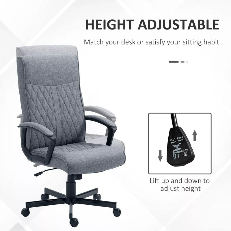 Image of a dark grey high back swivel desk chair with wheels for home office. This chair chair features padded arms, a swivel base, height adjustment, and tilts back for your comfort. It's upholstered in a stylish dark grey linen style fabric. This chair is suitable for office, home offices, and studies.