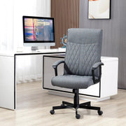Image of a dark grey high back swivel desk chair with wheels for home office. This chair chair features padded arms, a swivel base, height adjustment, and tilts back for your comfort. It's upholstered in a stylish dark grey linen style fabric. This chair is suitable for office, home offices, and studies.