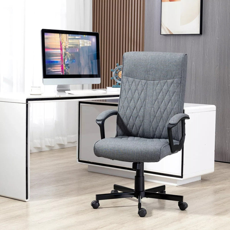 Image of a dark grey high back swivel desk chair with wheels for home office. This chair chair features padded arms, a swivel base, height adjustment, and tilts back for your comfort. It's upholstered in a stylish dark grey linen style fabric. This chair is suitable for office, home offices, and studies.