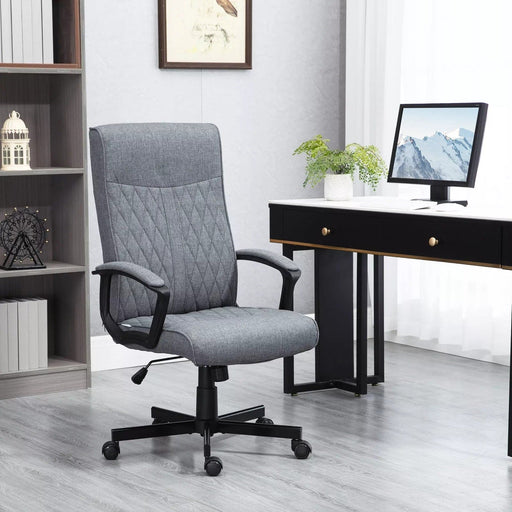 Image of a dark grey high back swivel desk chair with wheels for home office. This chair chair features padded arms, a swivel base, height adjustment, and tilts back for your comfort. It's upholstered in a stylish dark grey linen style fabric. This chair is suitable for office, home offices, and studies.