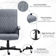 Image of a dark grey high back swivel desk chair with wheels for home office. This chair chair features padded arms, a swivel base, height adjustment, and tilts back for your comfort. It's upholstered in a stylish dark grey linen style fabric. This chair is suitable for office, home offices, and studies.