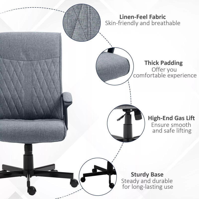 Image of a dark grey high back swivel desk chair with wheels for home office. This chair chair features padded arms, a swivel base, height adjustment, and tilts back for your comfort. It's upholstered in a stylish dark grey linen style fabric. This chair is suitable for office, home offices, and studies.