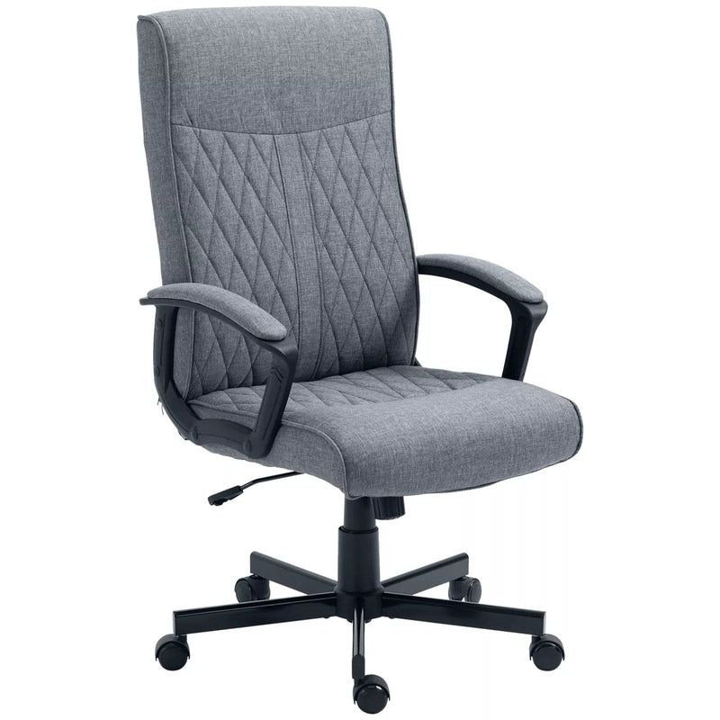 Image of a dark grey high back swivel desk chair with wheels for home office. This chair chair features padded arms, a swivel base, height adjustment, and tilts back for your comfort. It's upholstered in a stylish dark grey linen style fabric. This chair is suitable for office, home offices, and studies.