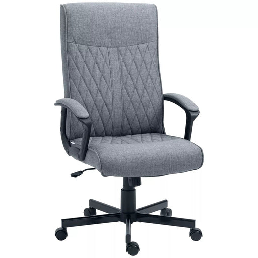 Image of a dark grey high back swivel desk chair with wheels for home office. This chair chair features padded arms, a swivel base, height adjustment, and tilts back for your comfort. It's upholstered in a stylish dark grey linen style fabric. This chair is suitable for office, home offices, and studies.