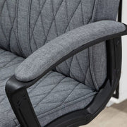 Image of a dark grey high back swivel desk chair with wheels for home office. This chair chair features padded arms, a swivel base, height adjustment, and tilts back for your comfort. It's upholstered in a stylish dark grey linen style fabric. This chair is suitable for office, home offices, and studies.