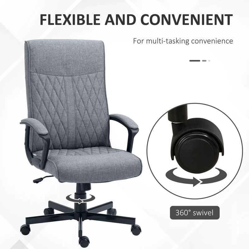 Image of a dark grey high back swivel desk chair with wheels for home office. This chair chair features padded arms, a swivel base, height adjustment, and tilts back for your comfort. It's upholstered in a stylish dark grey linen style fabric. This chair is suitable for office, home offices, and studies.