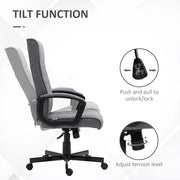 Image of a dark grey high back swivel desk chair with wheels for home office. This chair chair features padded arms, a swivel base, height adjustment, and tilts back for your comfort. It's upholstered in a stylish dark grey linen style fabric. This chair is suitable for office, home offices, and studies.