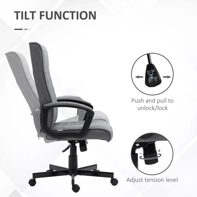 Image of a dark grey high back swivel desk chair with wheels for home office. This chair chair features padded arms, a swivel base, height adjustment, and tilts back for your comfort. It's upholstered in a stylish dark grey linen style fabric. This chair is suitable for office, home offices, and studies.
