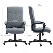 Image of a dark grey high back swivel desk chair with wheels for home office. This chair chair features padded arms, a swivel base, height adjustment, and tilts back for your comfort. It's upholstered in a stylish dark grey linen style fabric. This chair is suitable for office, home offices, and studies.