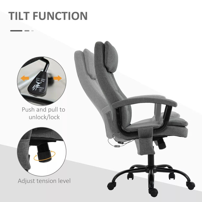 Image of a Vinsetto Massage Office Chair Upholstered in Grey Fabric With Swivel Wheels and Arm Rests.