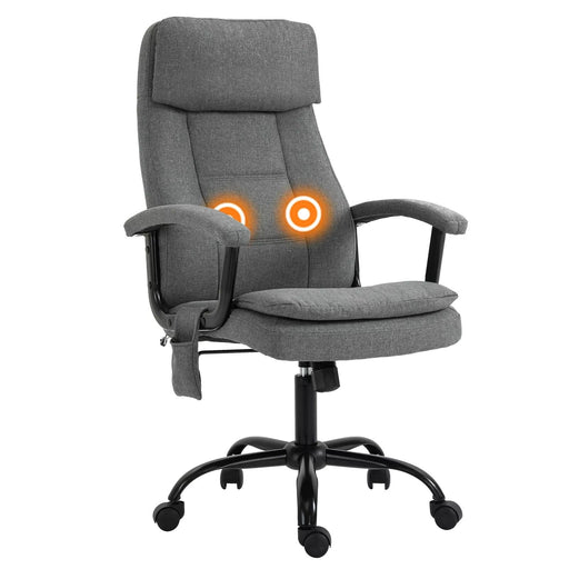 Image of a Vinsetto Massage Office Chair Upholstered in Grey Fabric With Swivel Wheels and Arm Rests.