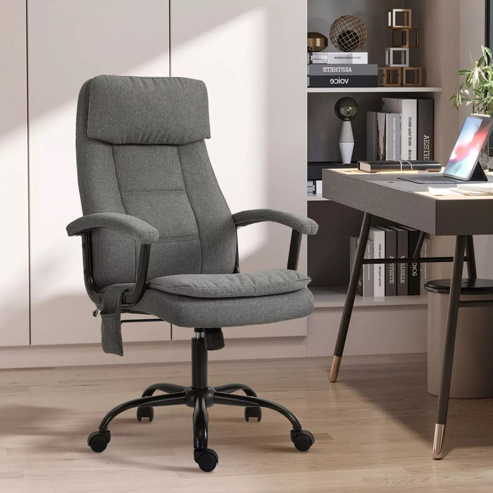 Image of a Vinsetto Massage Office Chair Upholstered in Grey Fabric With Swivel Wheels and Arm Rests.