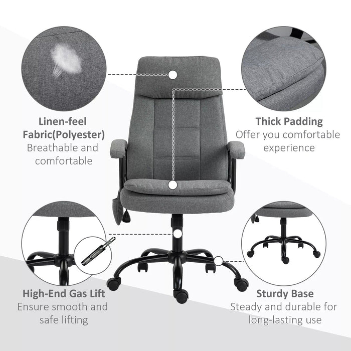 Image of a Vinsetto Massage Office Chair Upholstered in Grey Fabric With Swivel Wheels and Arm Rests.