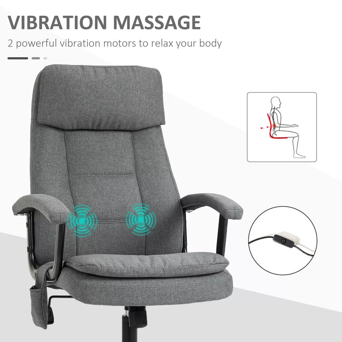 Image of a Vinsetto Massage Office Chair Upholstered in Grey Fabric With Swivel Wheels and Arm Rests.