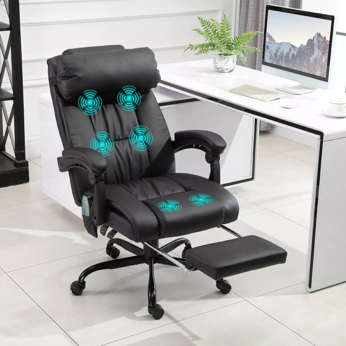 Image of a Black Leather Vinsetto Massage Office Chair With Wheels and Padded Arms Rests.