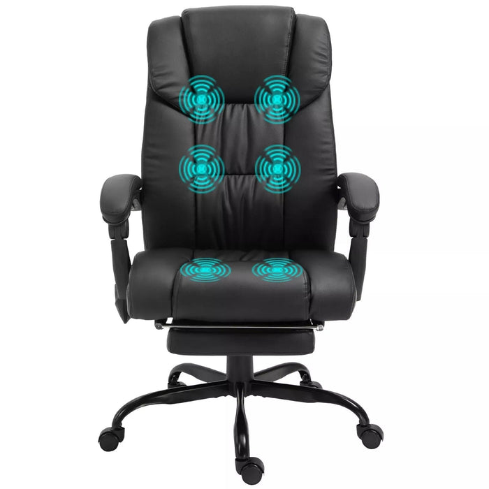 Image of a Black Leather Vinsetto Massage Office Chair With Wheels and Padded Arms Rests.