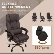 Image of a Brown Leather Vinsetto Massage Office Chair With Wheels and Padded Arms Rests.